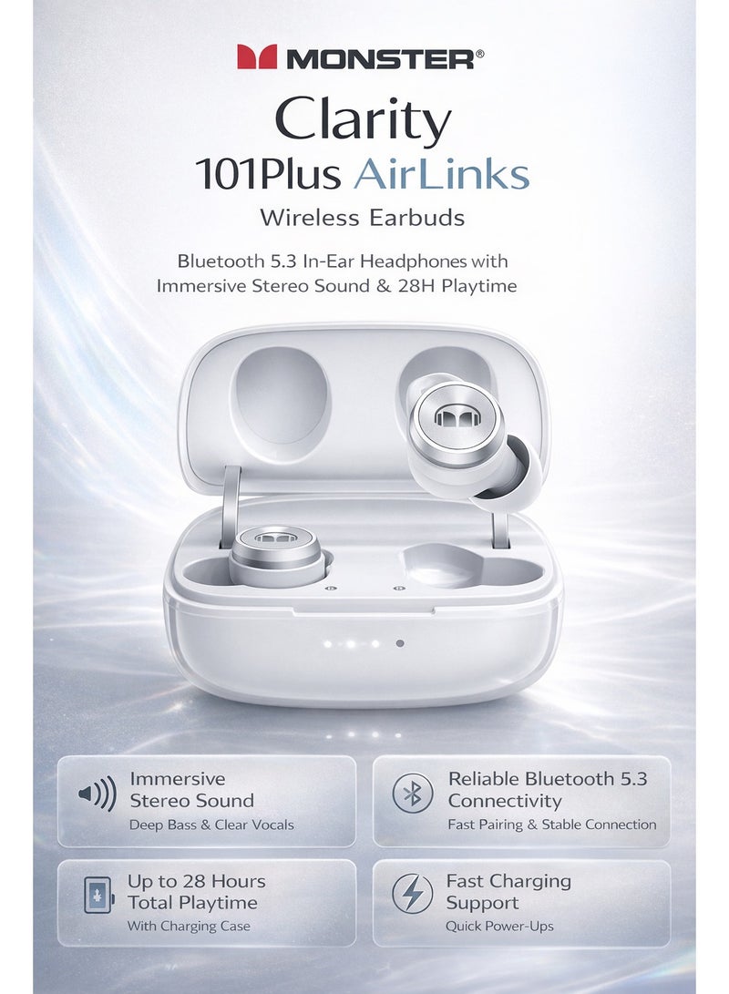 Monster Clarity 101Plus AirLinks Wireless Earbuds  Bluetooth 5.3 In-Ear Headphones with Immersive Stereo Sound & 28H Playtime - Image 1
